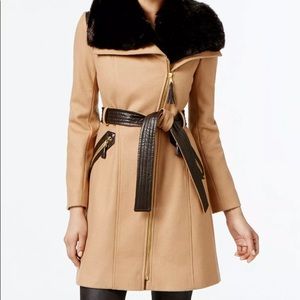 Via Spiga Belted Faux-Fur-Collar Mixed Media Coat